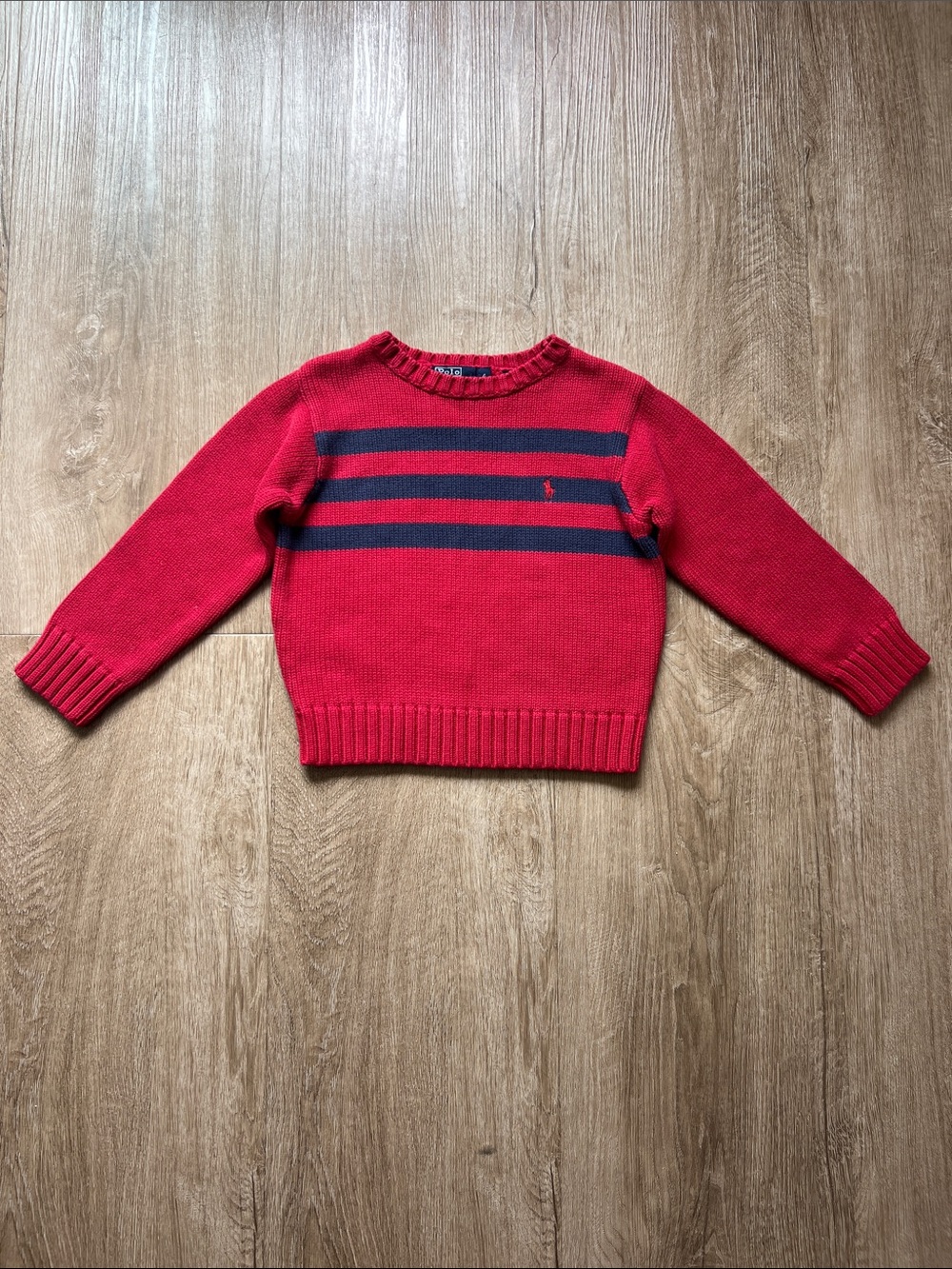 Ralph Lauren Toddler Boy Red Knit Sweater with Navy Blue Stripes Size 4
